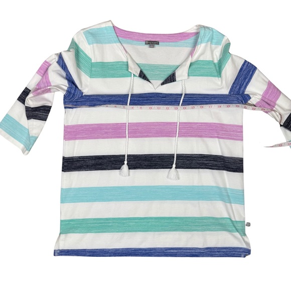 T by Talbots Large Brush Stripe Tassel Split Neck Pullover 3/4 Sleeves Beach - Picture 10 of 11